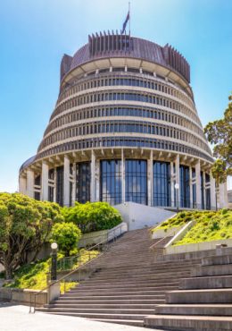 New Zealand's national parliament building in the country's capital, Wellington. The building is also known as The Beehive.